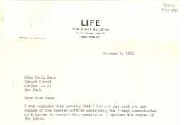 [Carta] 1953 Oct. 9, Life, Time & Life Building, Rockefeller Center, New York 20, [EE.UU.] [a] Miss Doris Dana, Spruce Street, Roslyn, L. I., New York, [EE.UU.]