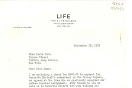 [Carta] 1953 Sept. 18, Life, Time & Life Building, Rockefeller Center, New York 20, [EE.UU.] [a] Miss Doris Dana, Spruce Street, Roslyn, Long Island, New York, [EE.UU.]