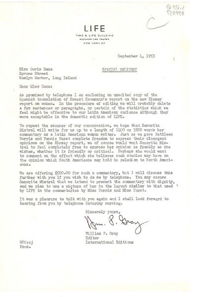 [Carta] 1953 Sept. 4, Life, Time & Life Building, Rockefeller Center, New York 20, [EE.UU.] [a] Miss Doris Dana, Spruce Street, Roslyn Harbor, Long Island, New York, [EE.UU.]