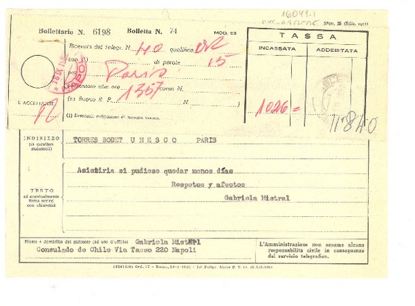 [Telegrama] 1952 set. 18, Consulado de Chile, Napoli, [Italia] [a] Torres Bodet, UNESCO, París, [Francia]