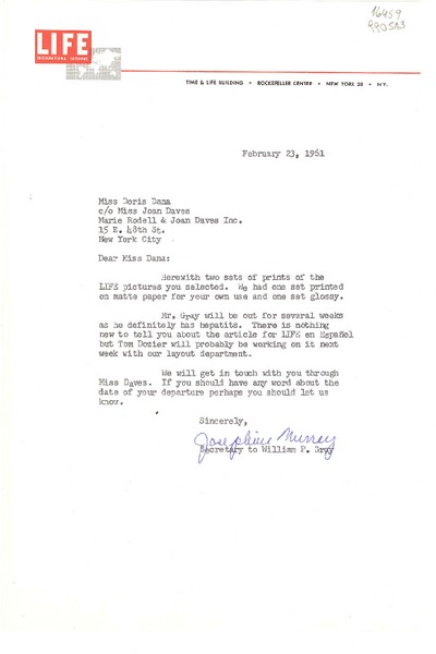 [Carta] 1961 Feb. 23, Life, Time & Life Building, Rockefeller Center, New York 20, N. Y., [EE.UU.] [a] Miss Doris Dana, co Miss Joan Daves, Marie Rodell and Joan Daves Inc., 15 E. 48th St., New York City, [EE.UU.]