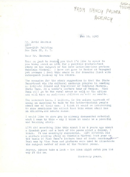 [Carta] 1963 Feb. 18, [EE.UU.] [a] Mr. David Sherman, Life, Time-Life Building, New York 20, N. Y., [EE.UU.]