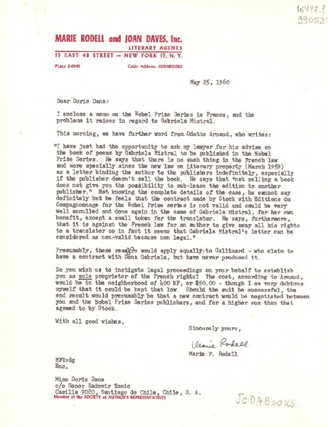 [Carta] 1960 May 25, [New York, Estados Unidos] [a] Miss Doris Dana
