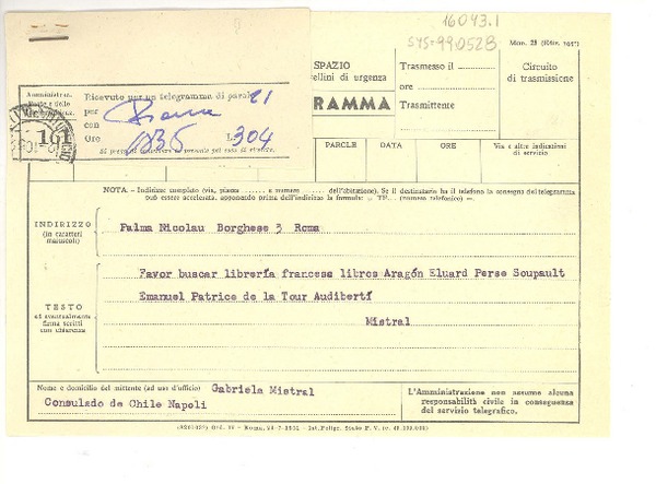 [Carta] 1952 oct. 2, Consulado de Chile, Napoli, [Italia] [a] Palma Nicolau, Roma, [Italia]