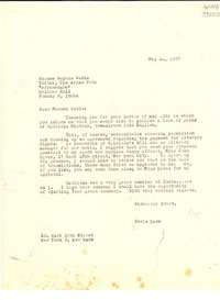 [Carta] 1957 May 24, New York, [Estados Unidos] [a] Madame Sophia Wadia, Editor The Aryan Path, Malabar Hill, Bombay, India