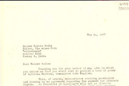 [Carta] 1957 May 24, New York, [Estados Unidos] [a] Madame Sophia Wadia, Editor The Aryan Path, Malabar Hill, Bombay, India