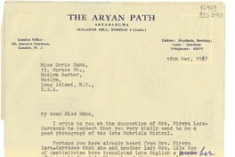 [Carta] 1957 May 18, Bombay, India [a] Miss Doris Dana, 15 Spruce St., Roslyn Harbor, Long Island, N. Y.