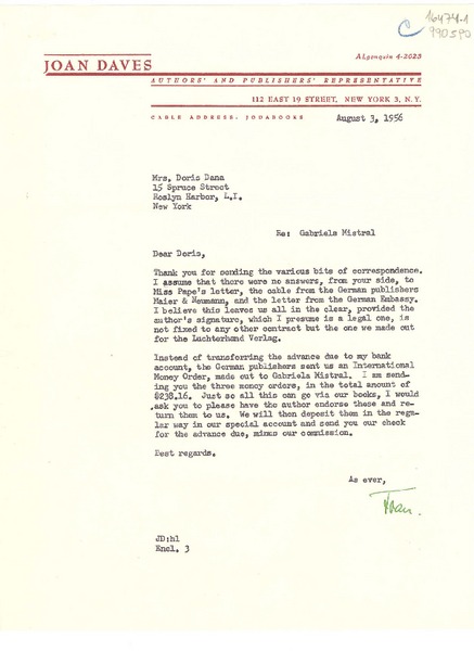 [Carta] 1956 Aug. 3, 112 East 19 Street, New York 3, N. Y., [EE.UU.] [a] Mrs. Doris Dana, 15 Spruce Street, Roslyn Harbour, L. I., New York, [EE.UU.]