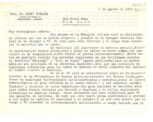 [Carta] 1969 ago. 1, Montevideo, Uruguay [a] Sra. Doris Dana, New York