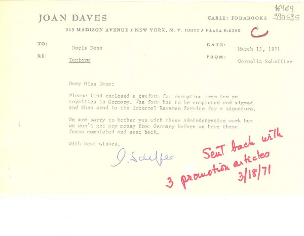 [Carta] 1971 Mar. 15, [Estados Unidos] [a] Doris Dana