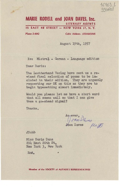 [Carta] 1957 Aug. 19, New York, [Estados Unidos] [a] Miss Doris Dana, 204 East 20th St., New York