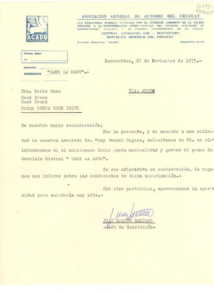 [Carta] 1979 nov. 21, Montevideo, República Oriental del Uruguay [a la] Sra. Doris Dana, Hack Green, Road Pound Ridge, Nueva York 10576, [EE.UU.]