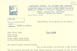[Carta] 1979 nov. 21, Montevideo, República Oriental del Uruguay [a la] Sra. Doris Dana, Hack Green, Road Pound Ridge, Nueva York 10576, [EE.UU.]