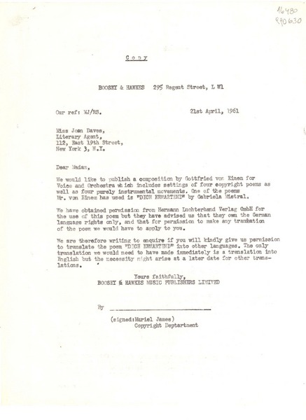 [Carta] 1961 Apr. 21, Boosey and Hawkes, 295 Regent Street, L W.1., [England] [a] Miss Joan Daves, Literary Agent, 112, East 19th Street, New York 3, N. Y., [EE.UU.]