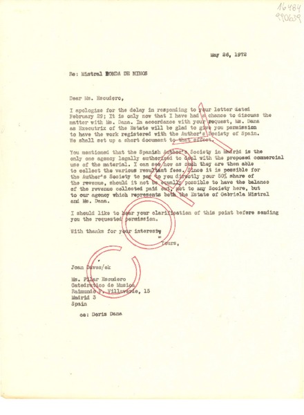 [Carta] 1972 May 26, [EE.UU.] [a] Ms. Pilar Escudero, Catedratico de Música, Raimundo F. Villaverde, 15 Madrid 3, Spain