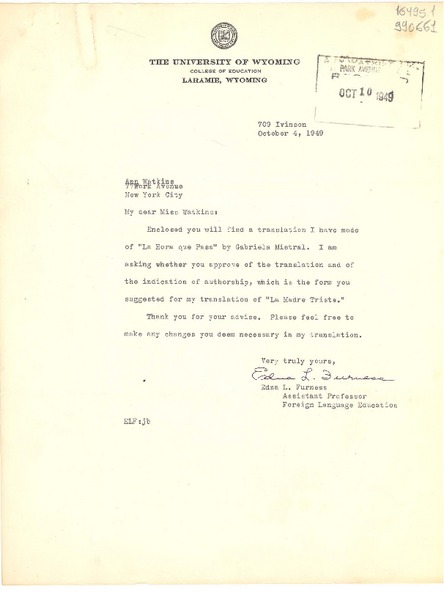 [Carta] 1949 Oct. 4, [Laramie, Wyoming, Estados Unidos] [a] Ann Watkins, 77 Park Avenue, New York City