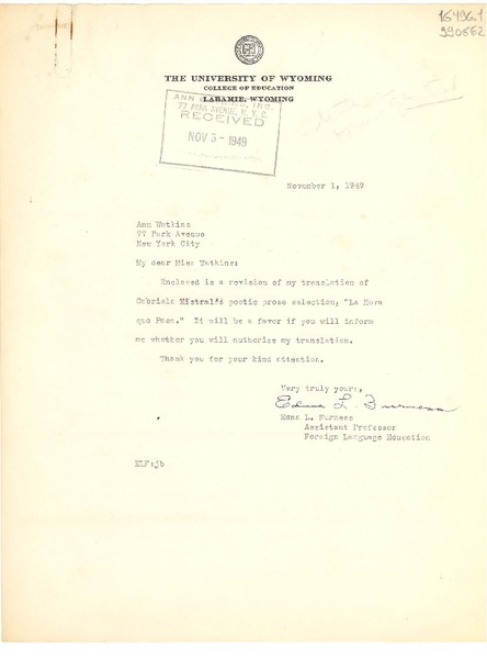 [Carta] 1949 Nov. 1, [Laramie, Wyoming, Estados Unidos] [a] Ann Watkins, 77 Park Avenue, New York City
