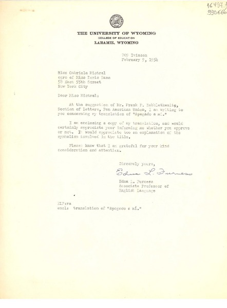 [Carta] 1954 Feb. 9, [Laramie, Wyoming, Estados Unidos] [a] Miss Gabriela Mistral, New York City