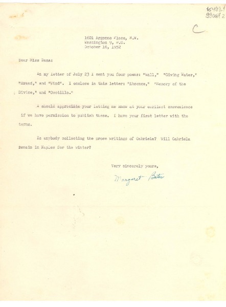 [Carta] 1952 Oct. 16, Washington D. C., [Estados Unidos] [a] Dear Miss Dana
