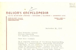 [Carta] 1947 Sept. 30, [Chicago, Illinois, Estados Unidos] [a] Miss Gabriela Mistral, Chilean Consulate, Los Angeles, California