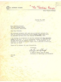 [Carta] 1957 Jan. 25, [Mount Pleasant, Michigan, Estados Unidos] [a] Miss Gabriela Mistral, 729 East Anapuma Street, Santa Barbara, California