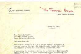 [Carta] 1957 Jan. 25, [Mount Pleasant, Michigan, Estados Unidos] [a] Miss Gabriela Mistral, 729 East Anapuma Street, Santa Barbara, California