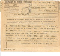 [Telegrama] 1944 agosto 10, Rio de Janeiro, [Brasil] [a] Gabriela Mistral, General Urquiza 63, Apto. 203, Leblon, Rio