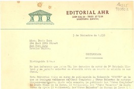 [Carta] 1958 dic. 5, Editorial Ahr, León XIII, 24, Barcelona, España [a] Miss Doris Dana, 204 East 20th Street, New York City, Estados Unidos