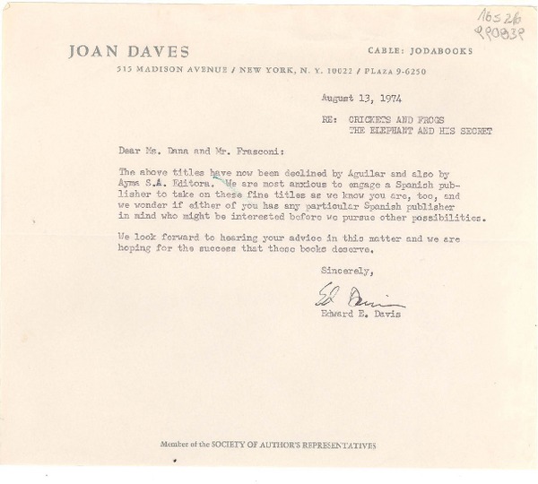 [Carta] 1974 Aug. 13, 515 Madison Avenue, New York, N. Y. 10022, [EE.UU.] [a la] Dear Ms. Dana and Mr. Frasconi