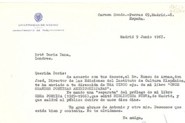 [Carta] 1967 jun. 9, Ferraz 69, Madrid 8, España [a la] Srta. Doris Dana, Londres, [Inglaterra]