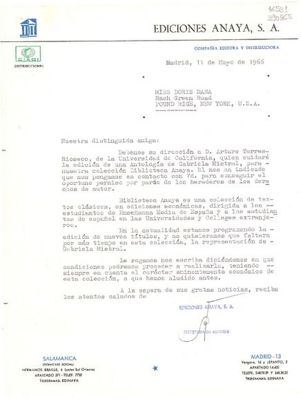[Carta] 1966 mayo 11, Madrid, [España] [a] Miss Doris Dana, Hach Green Road, Pound Rige, New York