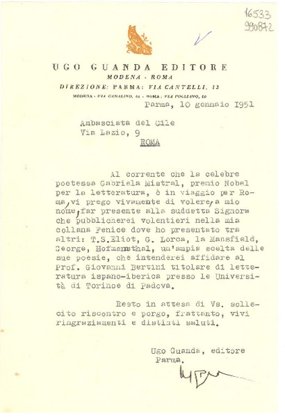 [Carta] 1951 genn. 10, Parma, [Italia] [a] Ambasciata del Cile, Via Lazio 9, Roma