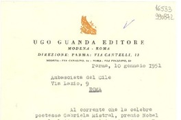 [Carta] 1951 genn. 10, Parma, [Italia] [a] Ambasciata del Cile, Via Lazio 9, Roma