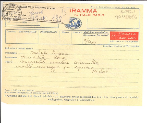 [Telegrama] 1952 dic. 13, [Italia] [a] Eugenio Coselschi, Roma