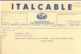 [Telegrama] [1952?], [Nápoles, Italia] [a] Presidente [Carlos] Ibañez [del Campo], [La] Moneda, Santiago, Chile