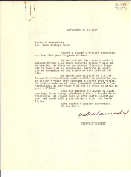 [Carta] 1954 nov. 29 [al] Excmo. Sr. Presidente, Don Juan Domingo Perón