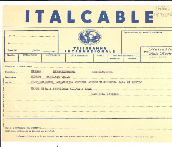 [Telegrama] [1952?], [Nápoles, Italia] [a] [La] Moneda, Santiago, Chile