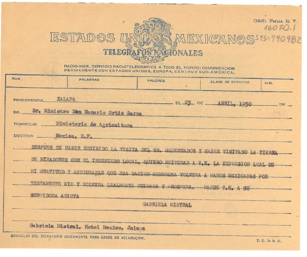 [Telegrama] 1950 abr. 23, Hotel México, Jalapa, [Ver., México] [a] Nazario Ortíz Garza, México D.F.