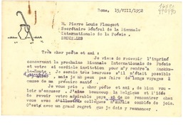 [Tarjeta] 1952 ago. 15, Roma, [Italie] [a] M. Pierre Louis Flouquet, Secrétaire Général de la Biennale Internationale de la Poésie, Bruxelles, [Belgium]