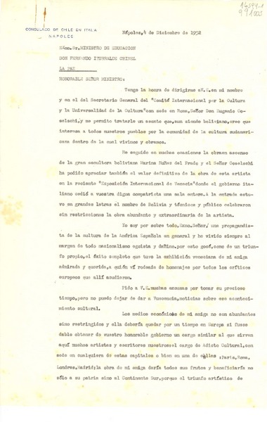 [Carta] 1952 dic. 4, Consulado de Chile, Via Tasso 220, Nápoles, Italia [al] Excmo. Sr. Ministro de Educación Don Fernando Iturralde Chinel, La Paz, [Bolivia]