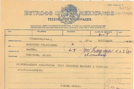 [Telegrama] 1950 nov. 16, Veracruz, Ver., [México] [a] Ministro Relaciones, Moneda, Santiago, Chile