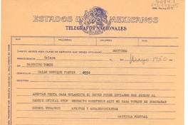 [Telegrama] 1950 mayo, Jalapa, Veracruz, [México] [a] Radomiro Tomic
