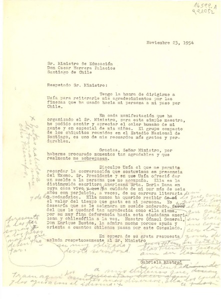 [Carta] 1954 nov. 23 [al] Sr. Ministro de Educación, Don Oscar Herrera Palacios, Santiago de Chile