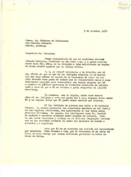 [Carta] 1954 oct. 5 [al] Excmo. Sr. Ministro de Relaciones, Don Roberto Aldunate, Moneda, Santiago, [Chile]