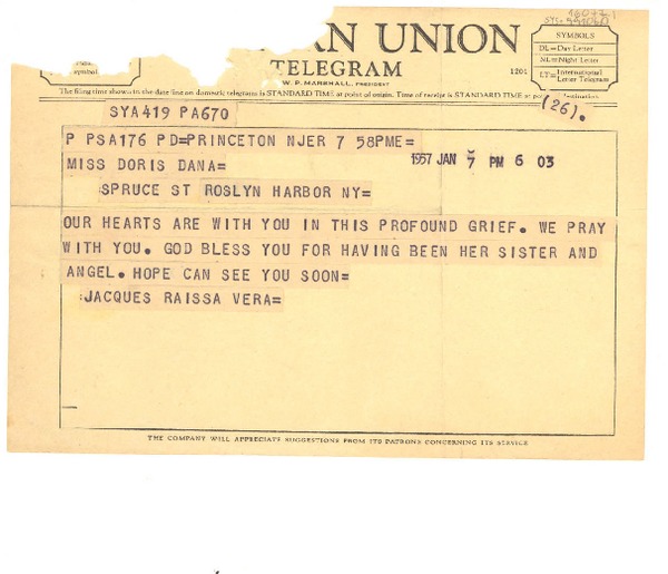 [Telegrama] 1957 jan. 7, [a] Doris Dana, New York, [Estados Unidos]