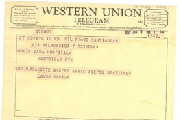 [Telegrama] 1957 jan. 7, Santiago, Chile [a] Doris Dana, Hempstead, New York, [Estados Unidos]