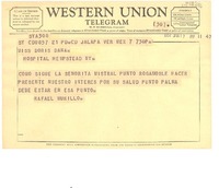 [Telegrama] 1957 jan. 7, Jalapa, Veracruz, México [a] Doris Dana, Hempstead General Hospital, New York, [Estados Unidos]