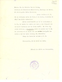 [Carta] 1942 jul. 14, Petrópolis, [Brasil] [al] Excmo. Sr. D. Ernesto Barros Jarpa, Ministro de Relaciones Exteriores, Santiago de Chile