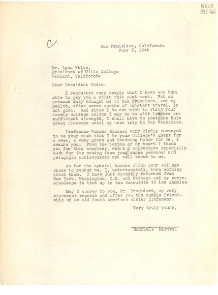 [Carta] 1946 June 8, San Francisco, California, [Estados Unidos] [a] Mr. Lynn White, President of Mills College, Oakland, California