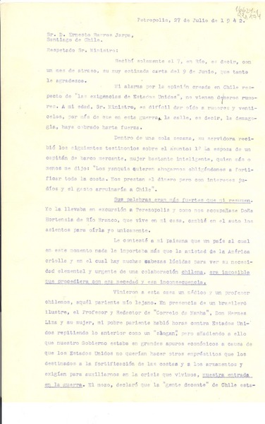 [Carta] 1942 jul. 27, Petrópolis, [Brasil] [al] Sr. D. Ernesto Barros Jarpa, Santiago de Chile